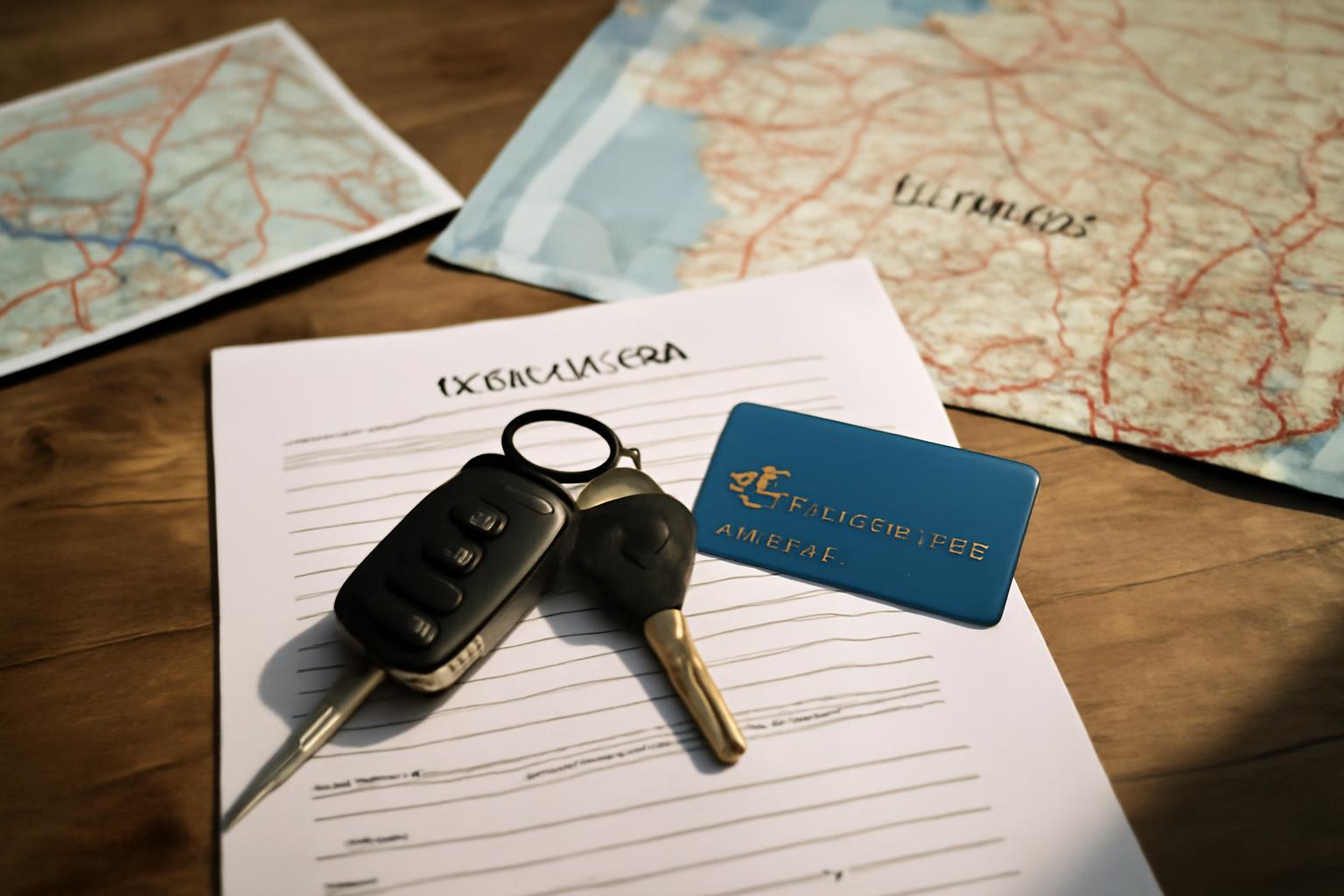 Clés de voiture de location posées sur un contrat et une carte bancaire